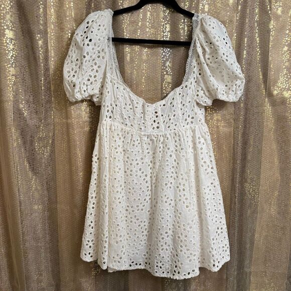 For Love & Lemons Becca White Eyelet Puff Sleeve Mini Dress XL NWT - Picture 1 of 16